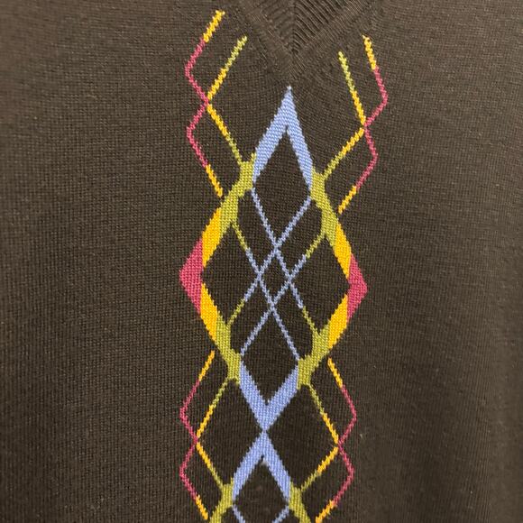 Vintage Greg Norman Men's XL Black 100% Merino Argyle V-Neck Sweater Pullover - Picture 2 of 8